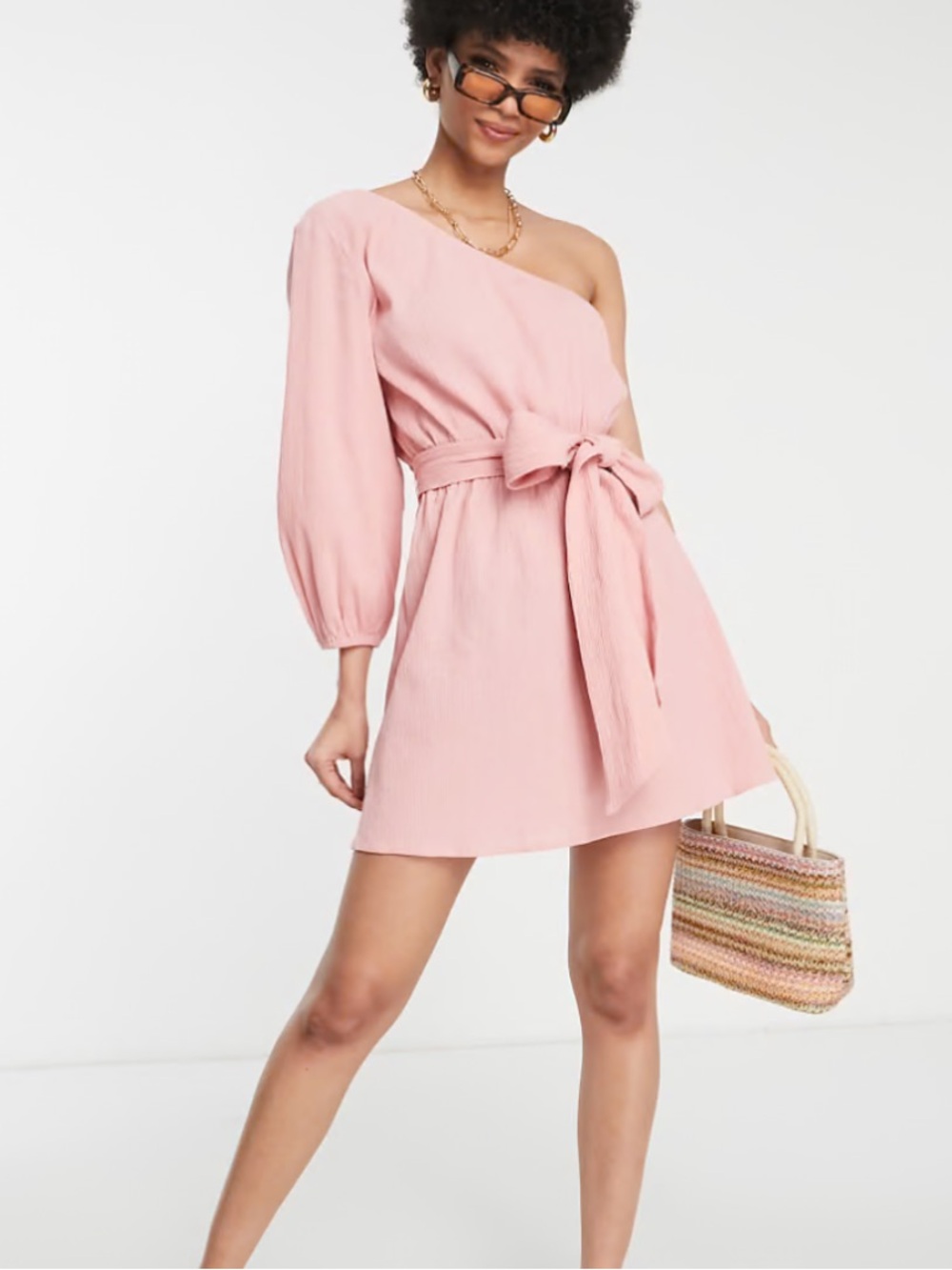 ASOS Design One-Shoulder Super Crinkle Tie-Waist Mini Dress in Blush Sz 6 Tall